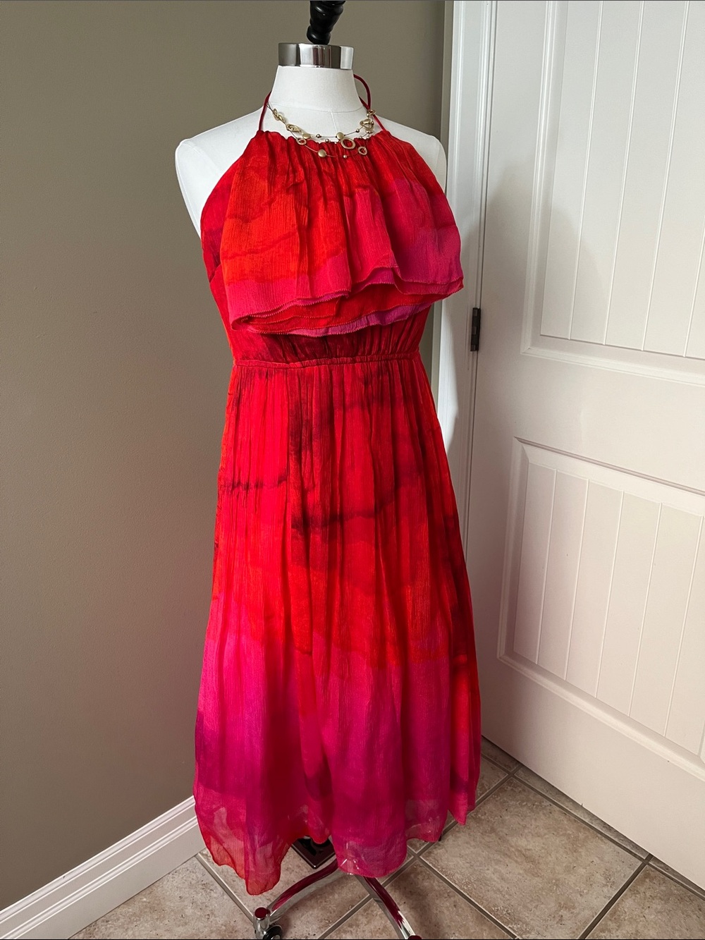 NWT - Tracy Reese x Anthropologie  Red and Pink Halter Midi Dress